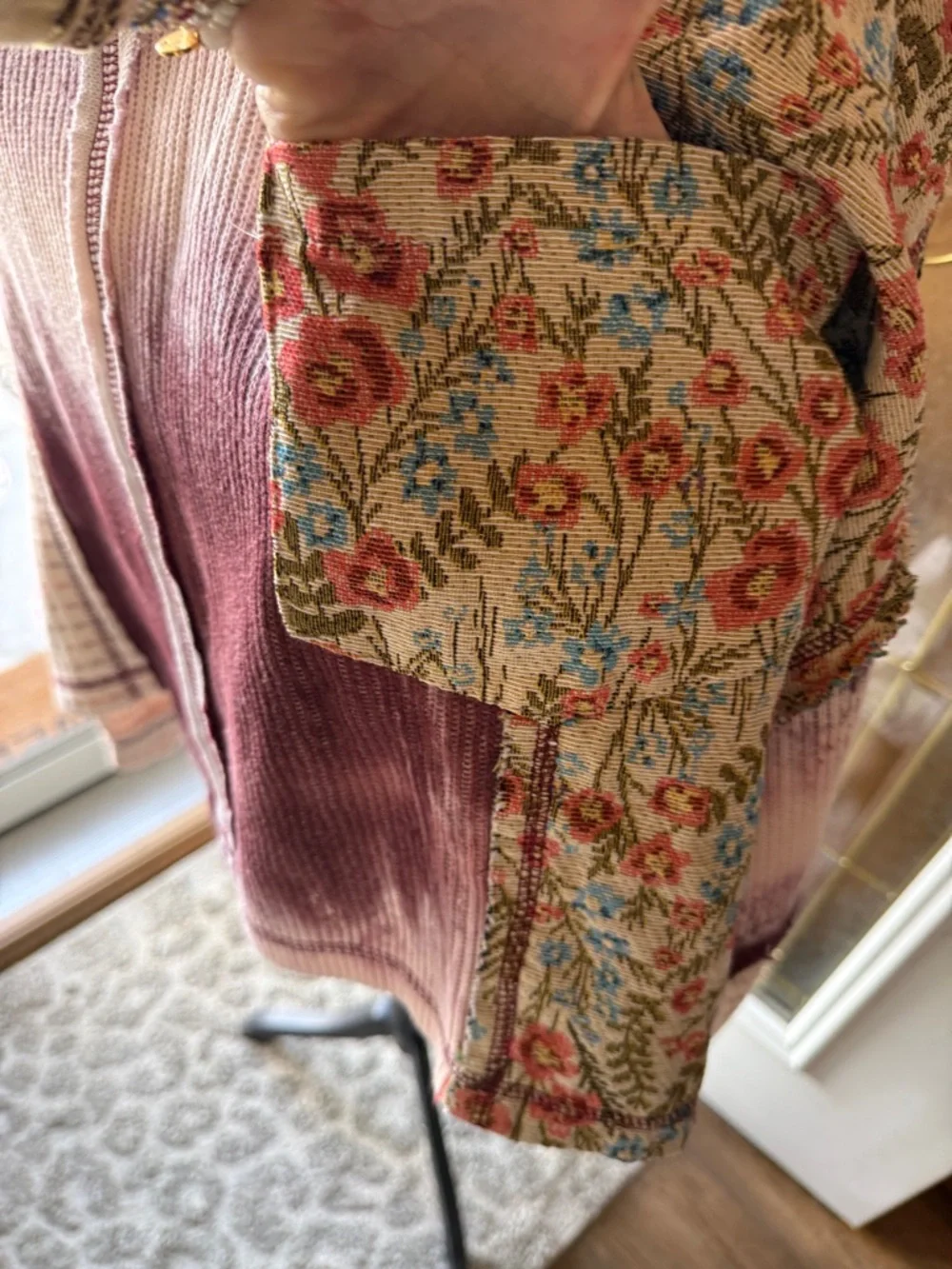 POL WILD BERRY/FLORAL  Cream Tie-Dye Patchwork button down long sleeve top - Picture 6 of 12